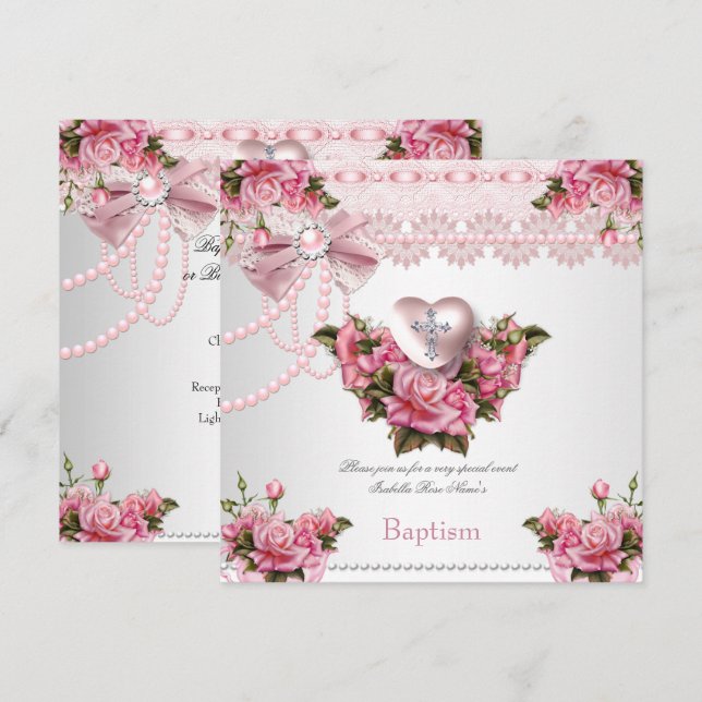 Invitation Baptême rose Silver Coeur Croix Fille Rose 5 (Devant / Derrière)