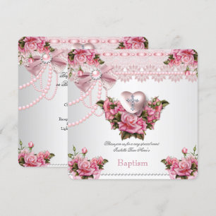 Invitation Baptême rose Silver Coeur Croix Fille Rose 5