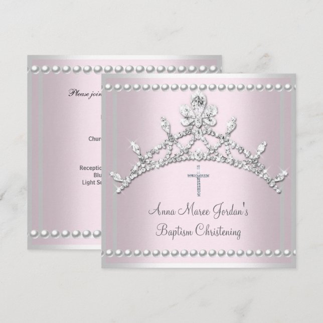 Invitation Baptême rose Tiara argent blanc Pearl Diamond (Devant / Derrière)
