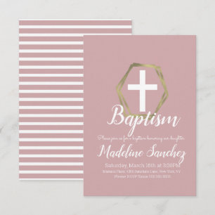 Invitation Baptême Rouge Goutte Rose Or Dédicace Christening