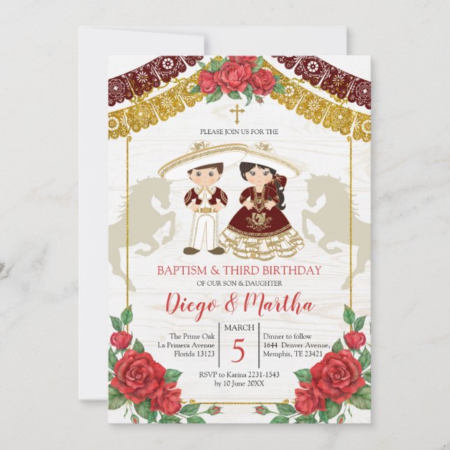 Invitation Baptême rouge mexicain jumeau en Bourgogne et anni (Devant)