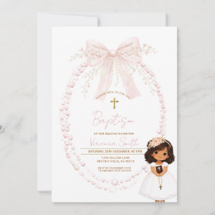 Invitation Baptême Ruban Rose Fille Douce Christening