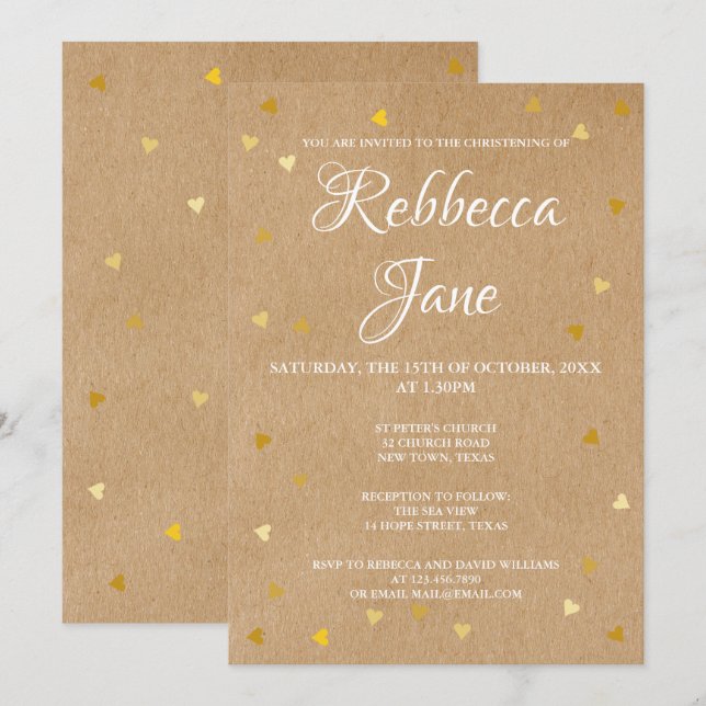 Invitation Baptême rustique Christening Gold Hearts (Devant / Derrière)