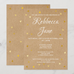 Invitation Baptême rustique Christening Gold Hearts 