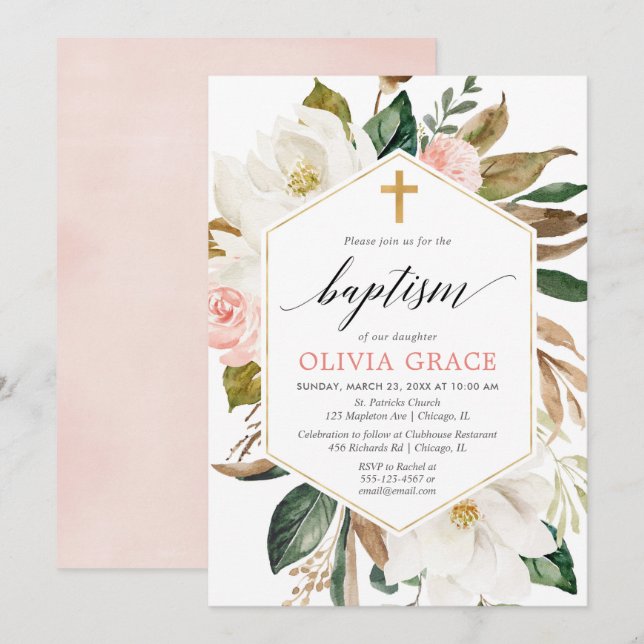 Invitation Baptême Rustique rose rose blanc floral fille (Devant / Derrière)