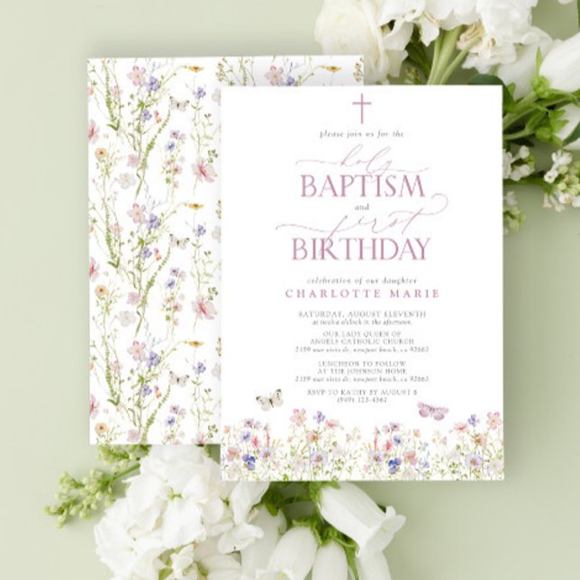 Invitation Baptême Saint fleur sauvage & 1er Anniversaire Pin (Easily personalize this baptism and first birthday invite with your personal details.)