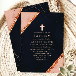 Invitation Baptême scintillant géométrique bleu marine rose c