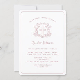 Invitation Baptême simple de croix rose florale