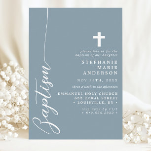 Invitation Baptême Simple Moderne Écriture Bleu Poussiéreux