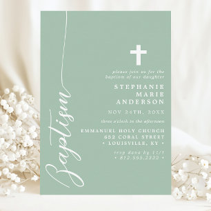 Invitation Baptême Simple Moderne Écriture Dusty Mint