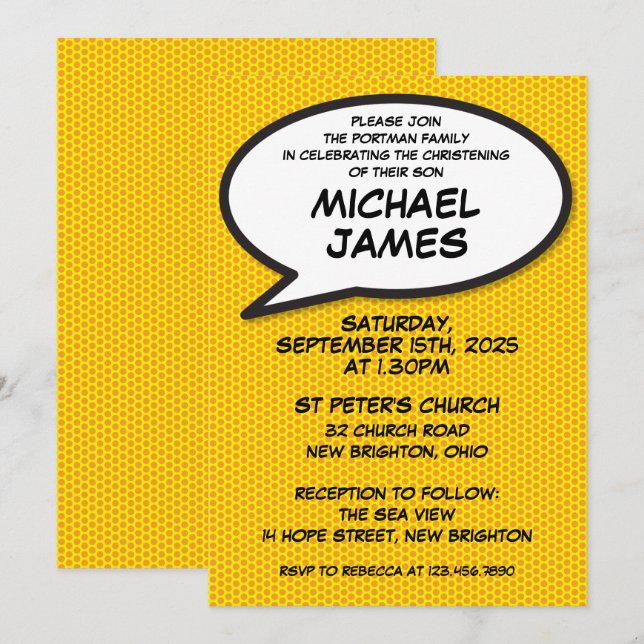 Invitation Baptême Simple Moderne Fun Comic (Devant / Derrière)