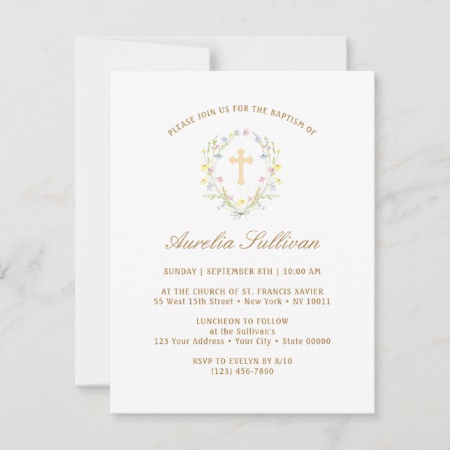 Invitation Baptême simple Pastel Fleur sauvage de couronne (Devant)