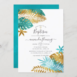 Invitation Baptême tropicale turquoise et or