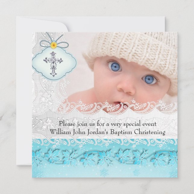 Invitation Baptême Turquoise bleu blanc dentelle photo Bijou  (Devant)