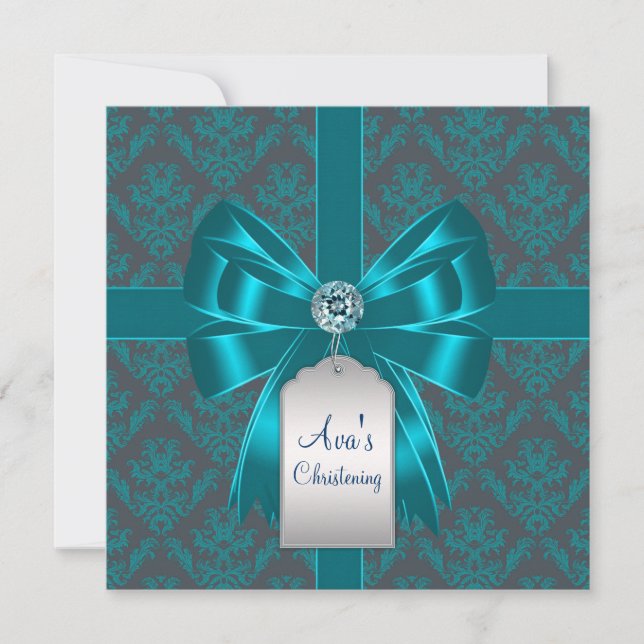 Invitation Baptême turquoise Bleu Damas Bébé Baptême Christen (Devant)