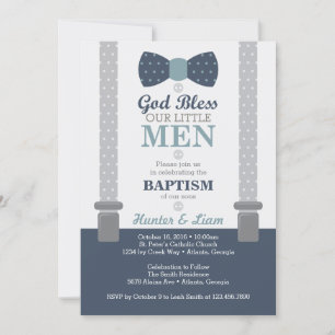 Invitation Baptême Twin Little Men, Bleu, Gris