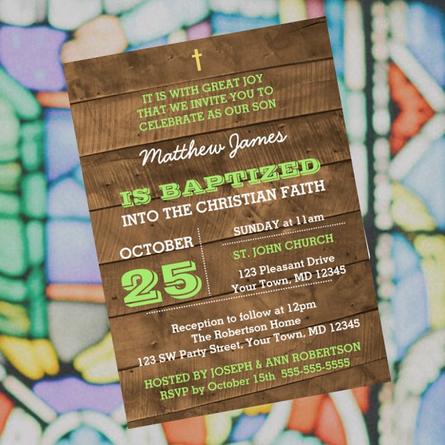 Invitation Baptême vert en bois d'Amérique (Créateur téléchargé)