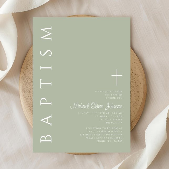 Invitation Baptême Vert Sauge Écriture Élégante Moderne (Modern Elegant Script Sage Green Baptism Invitation)