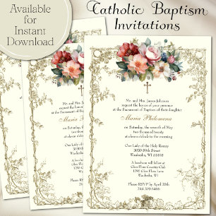 Invitation Baptême vintage Floral Christening Gold Cross
