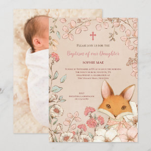 Invitation Baptême vintage mignon Fox Fleurs photo bébé fille
