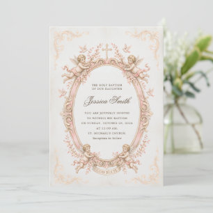Invitation Baptême Vintage Renaissance Chérubin Rose