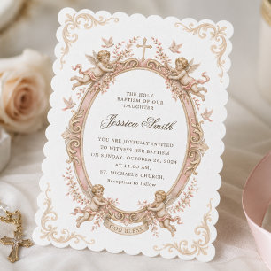 Invitation Baptême Vintage Renaissance Chérubin Rose