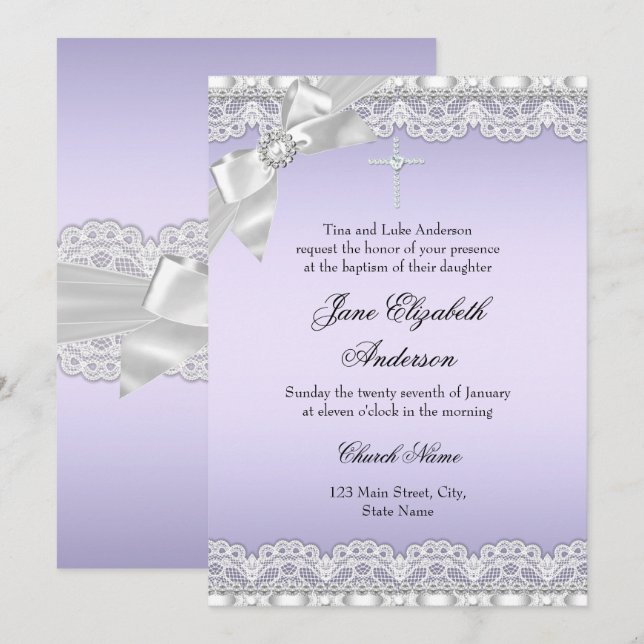 Invitation Baptême violet dentelle de diamant chic (Devant / Derrière)