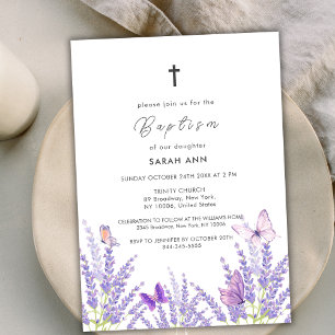 Invitation Baptême Whimsical Soft Lavender Butterfly Cross