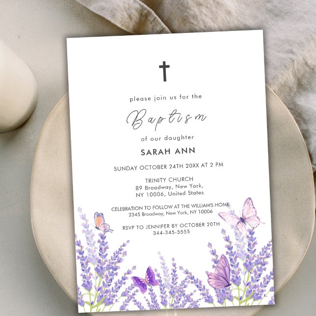 Invitation Baptême Whimsical Soft Lavender Butterfly Cross (Whimsical Soft Lavender Butterfly Cross Baptism Invitation)