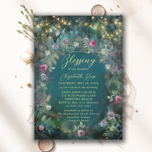 Invitation Baptism Blessing Enchanted Garden Fairytale Roses (baptism invitation christening enchanted forest garden botanical greenery roses emerald gold frame)