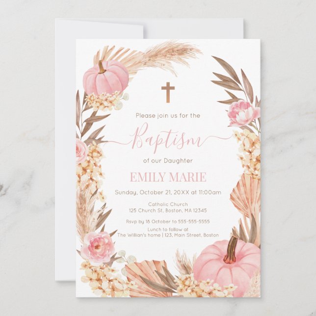 Invitation Baptism Boho Pampas Pink Pumpkin (Devant)