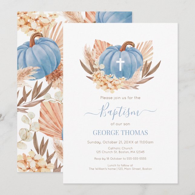 Invitation Baptism Boho Pampas Pumpkin blue (Devant / Derrière)