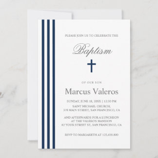 Invitation BAPTISM Chic Vertical Strited Marine Croix Bleue