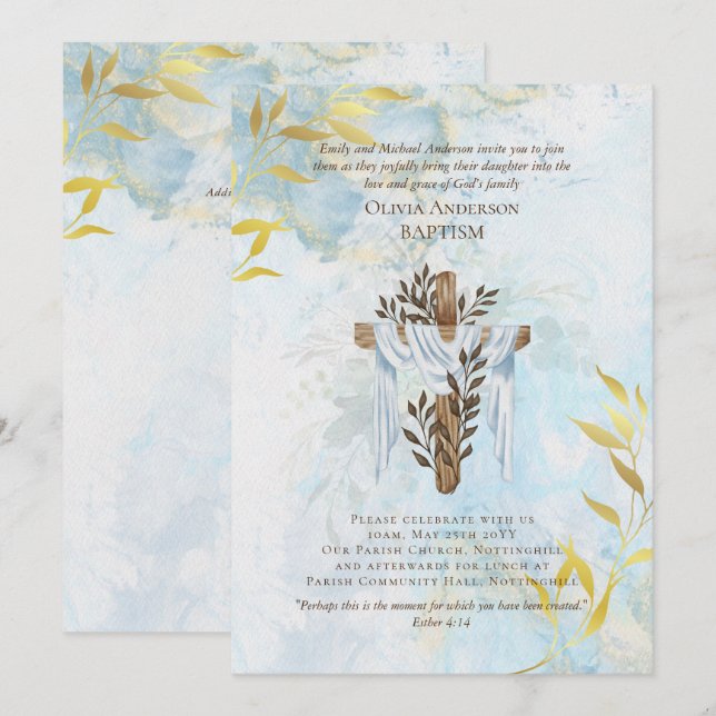 Invitation BAPTISM classique Aqua Blue Gold (Devant / Derrière)