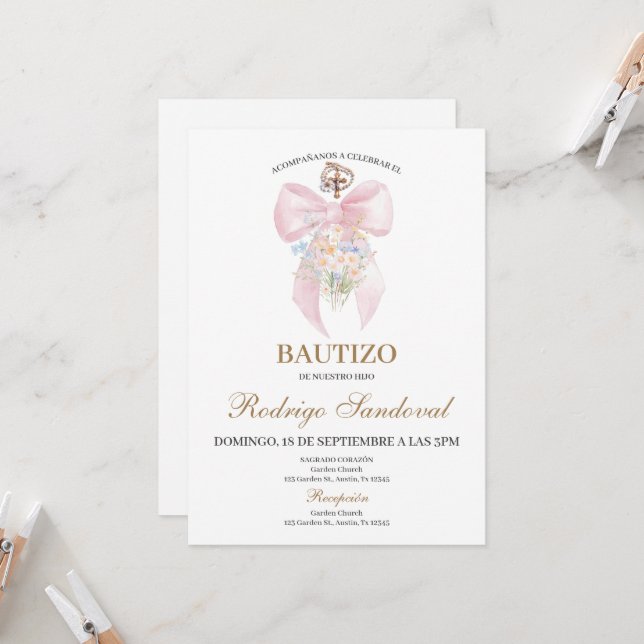 Invitation Baptism girl pink bow (Devant/Arrière en situation)