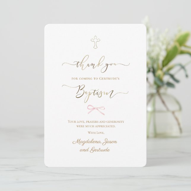 Invitation Baptism little pink bow thank you card (Debout devant)