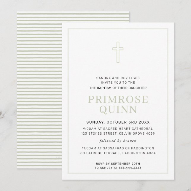 Invitation BAPTISM moderne croisé minimal simple sauge vert (Devant / Derrière)