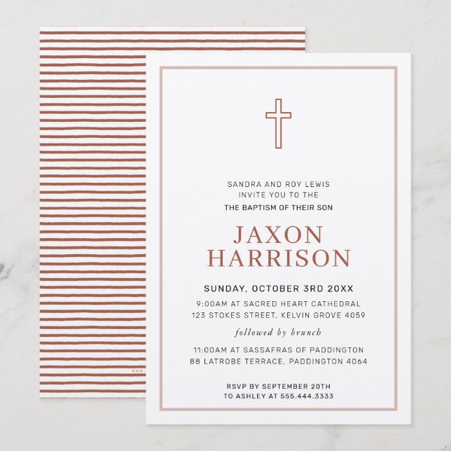 Invitation BAPTISM moderne croix minimale simple argile brun (Devant / Derrière)