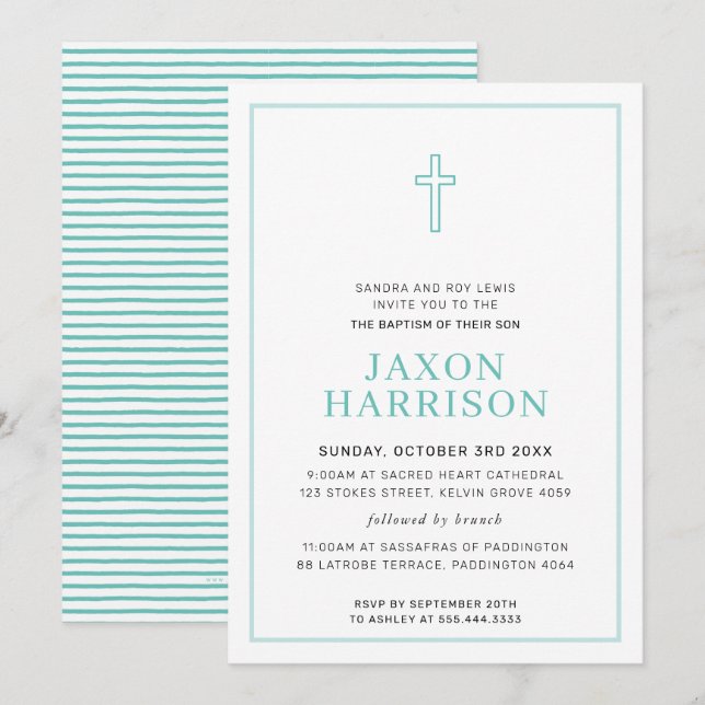 Invitation BAPTISM moderne croix minimale simple vert menthe (Devant / Derrière)