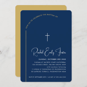 Invitation BAPTISM moderne croix modifiable marine courbe or