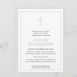 Invitation BAPTISM moderne minimaliste croix simple gris doux