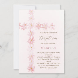 Invitation Baptism pink floral cross 