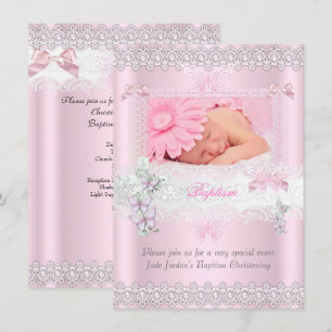 Invitation Baptism Pink Lace Photo Papillon Croix Fille 3