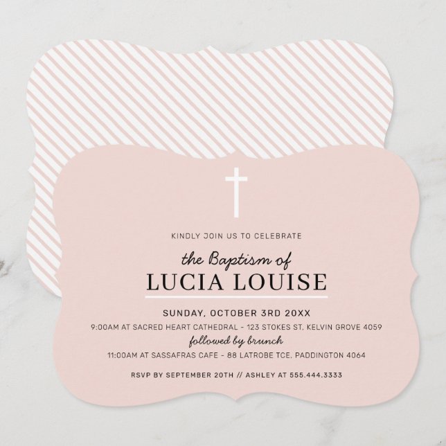 Invitation BAPTISME MODERNE Croix minimale simple rose pâle f (Devant / Derrière)