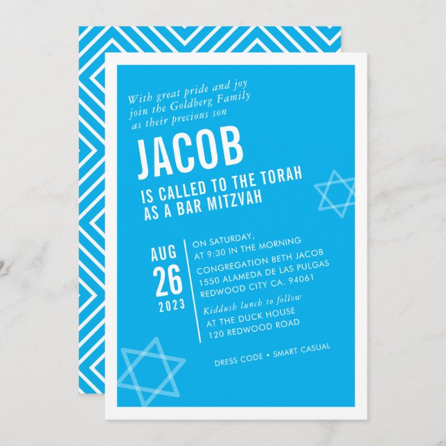 Invitation BAR BOLD MITZVAH simple angle moderne aqua blanc (Devant / Derrière)