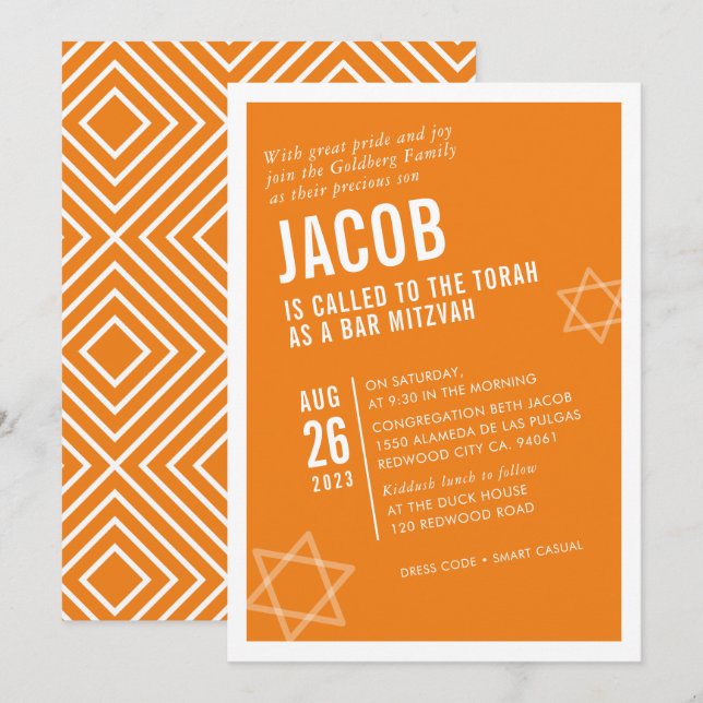 Invitation BAR BOLD MITZVAH simple angle moderne orange blanc (Devant / Derrière)