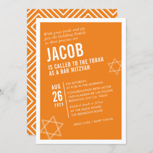 Invitation BAR BOLD MITZVAH simple angle moderne orange blanc