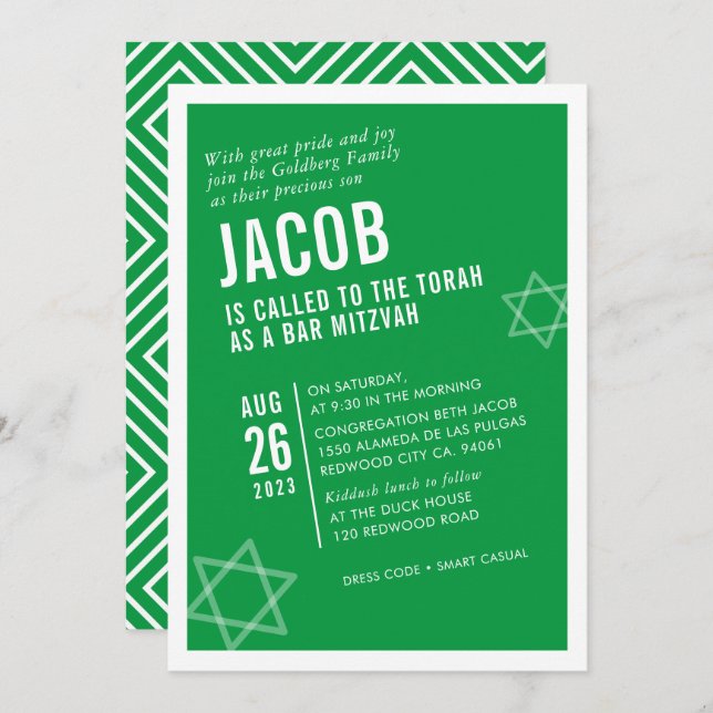 Invitation BAR BOLD MITZVAH simple angle moderne vert blanc (Devant / Derrière)