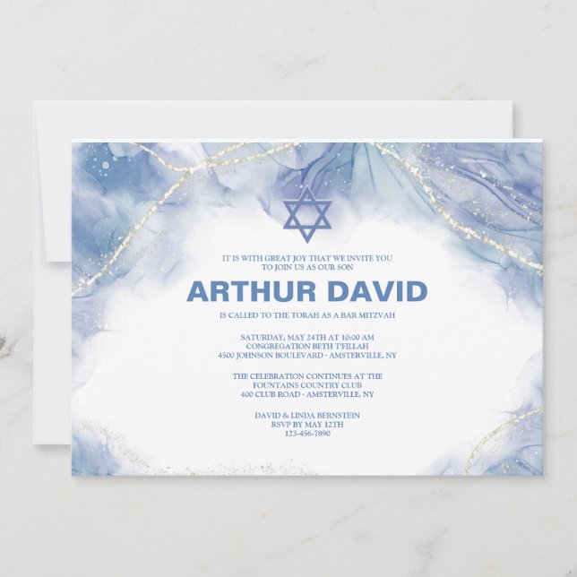 Invitation Bar contemporain bleu Mitzvah (Devant)
