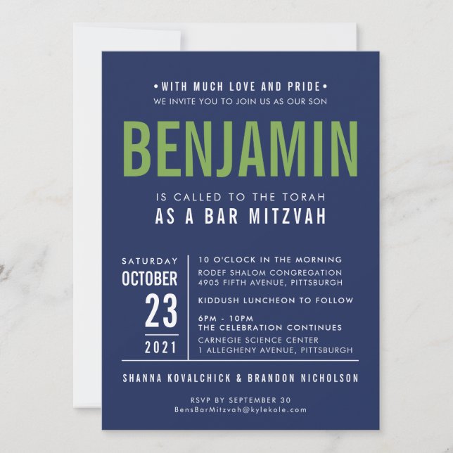 Invitation BAR DE BENJAMIN MITZVAH marine bleu vert Invitatio (Devant)